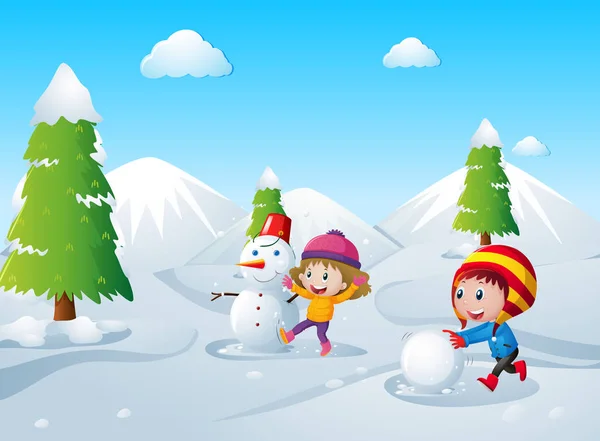 Двое детей играют в снежный шар на снежном поле — стоковый вектор