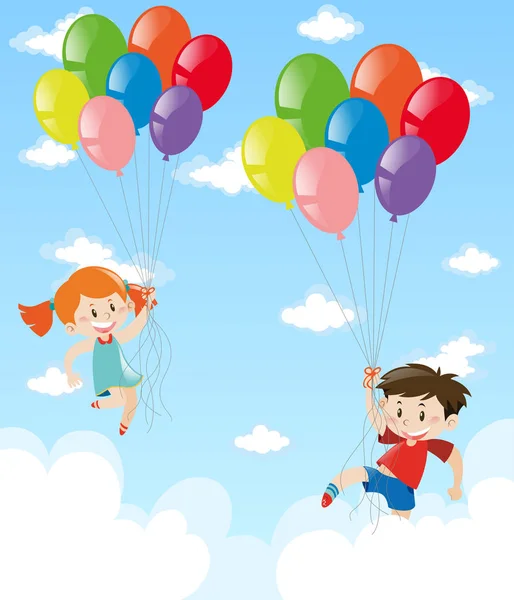 Menino e menina voando com os balões no céu —  Vetores de Stock