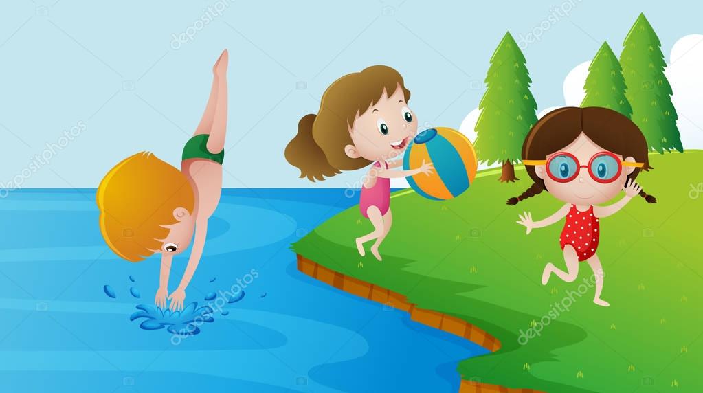 Dibujo de lago para niños | Tres niños nadando en el lago ...