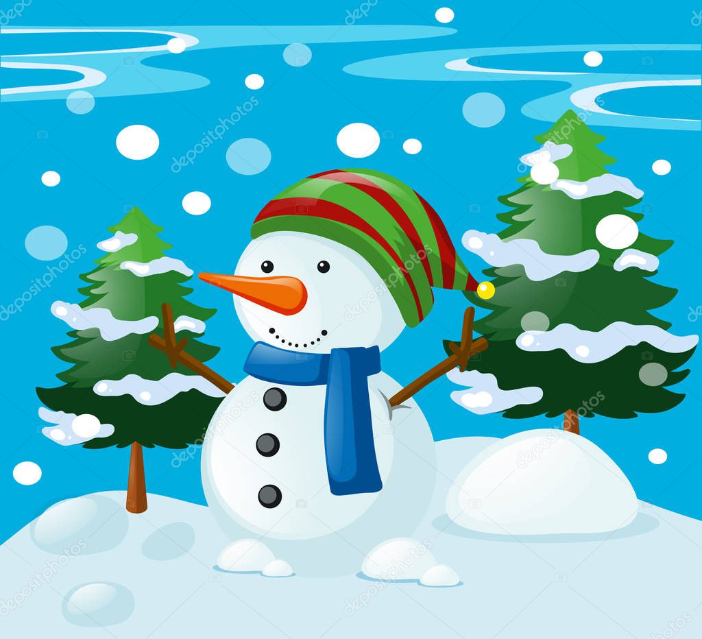 Download Snowman scenes | Winter scene with snowman in the field — Stock Vector © brgfx #136846680