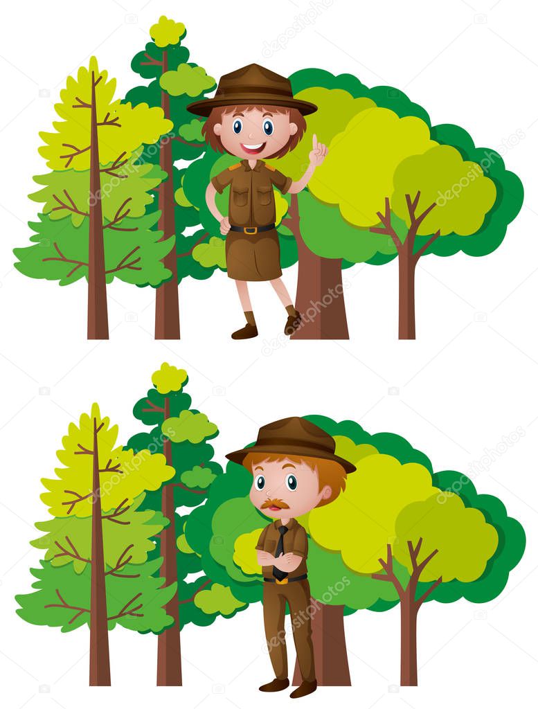 Park rangers and forest background