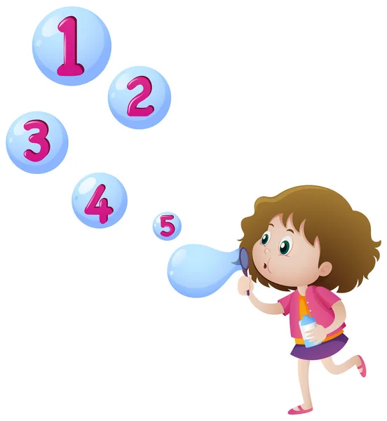 Meisje blowing bubbles met getallen — Stockvector