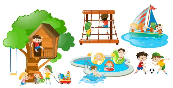 Children having fun doing different activities — Stock Vector