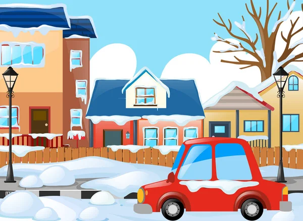 Escena del pueblo con coche y casas bajo la nieve — Vector de stock