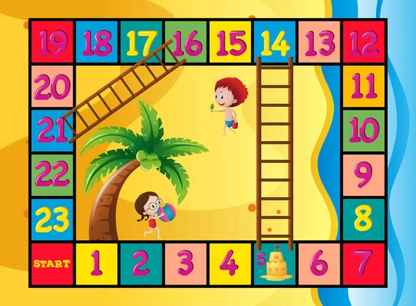 Gra planszowa szablon z dziećmi na plaży — Wektor stockowy