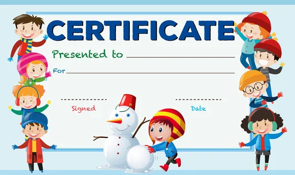 Szablon certyfikatu z dzieci w zimie — Wektor stockowy
