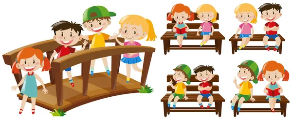 Щасливі діти на сидіннях і мосту — стоковий вектор