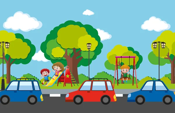 Сцена с детьми на детской площадке и автомобилями на дороге — стоковый вектор