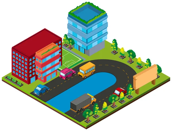 3D design för byggnader och bilar på vägarna — Stock vektor