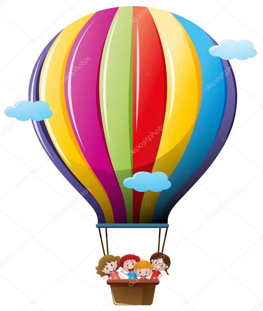 Children riding on colorful balloon