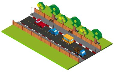 yolda araba ile yol sahne için 3D tasarım