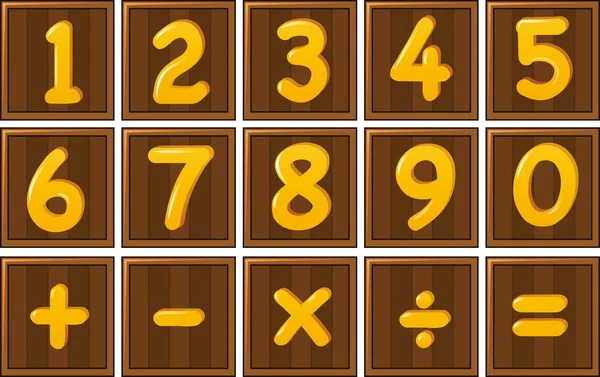 Номер один до нуля и математические знаки на деревянных досках — стоковый вектор