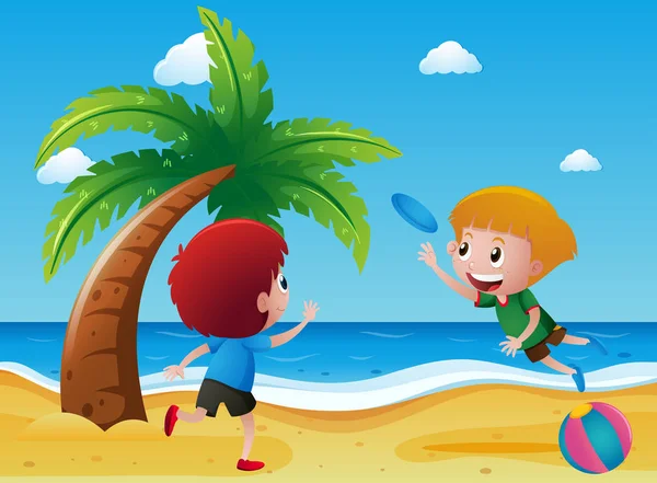 Два мальчика играют во фрисби на пляже — стоковый вектор