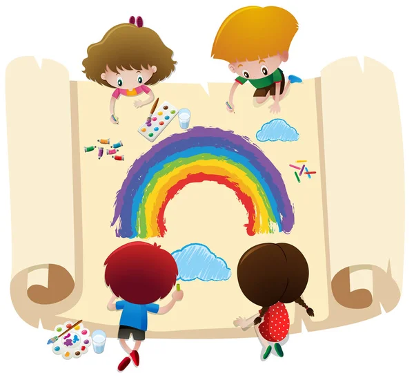 Vier Kinder färben Regenbogen auf großem Papier — Stockvektor
