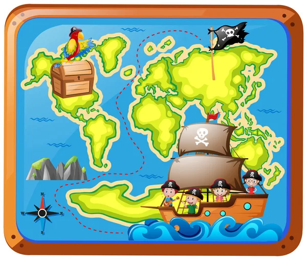 Piratas em navio e mapa de aventura — Vetor de Stock