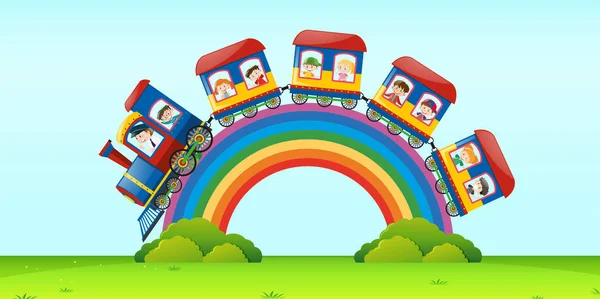 Escena con tren sobre el arco iris — Vector de stock