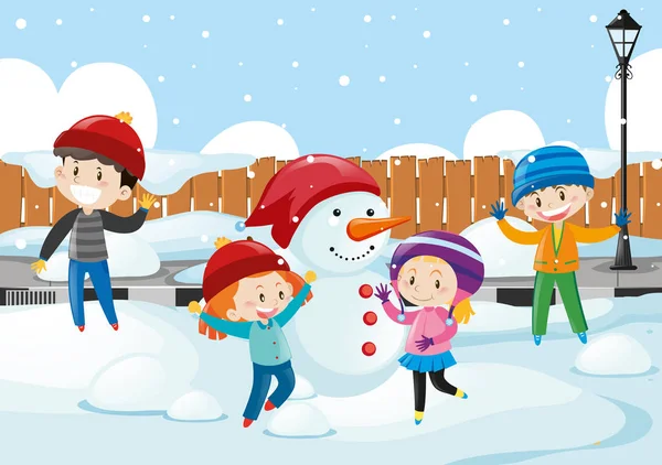 Счастливые дети, играющие в снегу — стоковый вектор