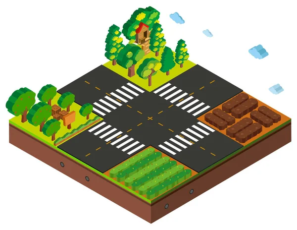Scène d'intersection isométrique avec les cultures et les arbres agricoles — Image vectorielle