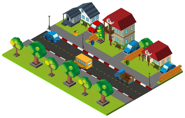 3D design for town with houses and cars — Stock Vector