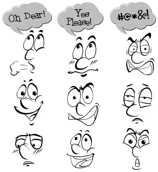 Différentes expressions faciales avec des mots — Image vectorielle
