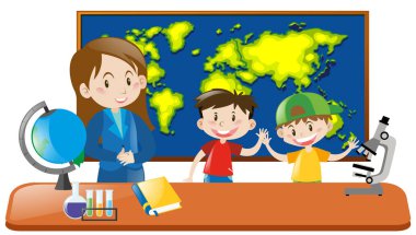 Öğretmen ve Coğrafya dersinde iki öğrenci