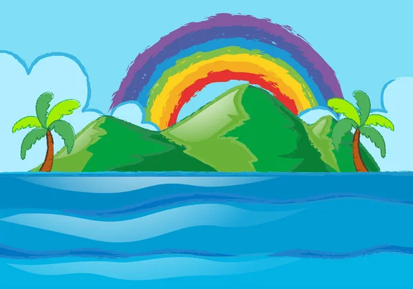 Cena com arco-íris sobre a ilha — Vetor de Stock