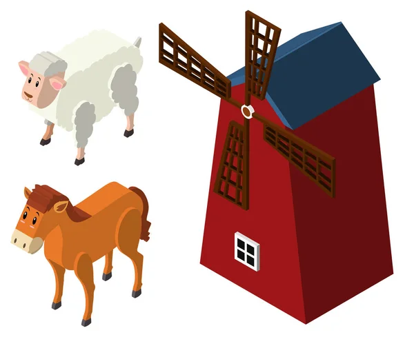 Progettazione 3D per animali da fattoria e mulino a vento — Vettoriale Stock