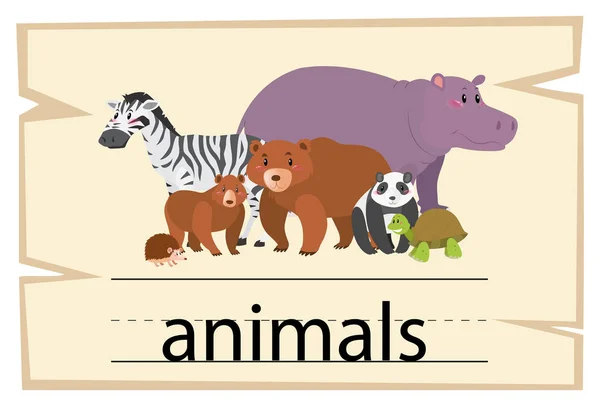 Wordcard σχεδιασμός για λέξη ζώα — Διανυσματικό Αρχείο