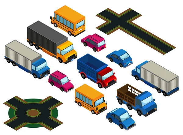 3D σχεδίαση για διαφορετικούς τύπους αυτοκινήτων και δρόμοι — Διανυσματικό Αρχείο
