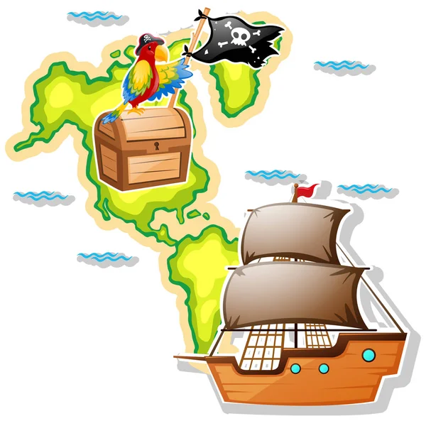 Pirate ship and treasure chest on map