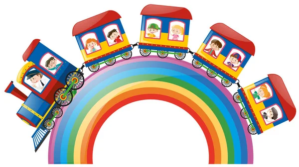 Niños montando en tren sobre arco iris — Vector de stock