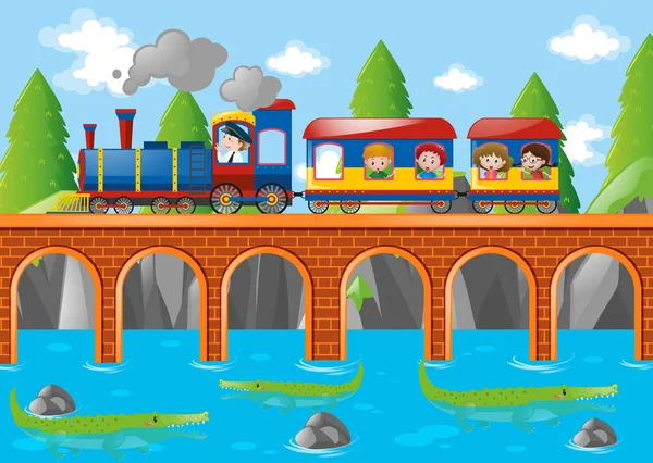 Дети едут на поезде по мосту — стоковый вектор