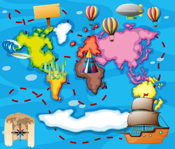 Mapa do mundo com diferentes transportes — Vetor de Stock