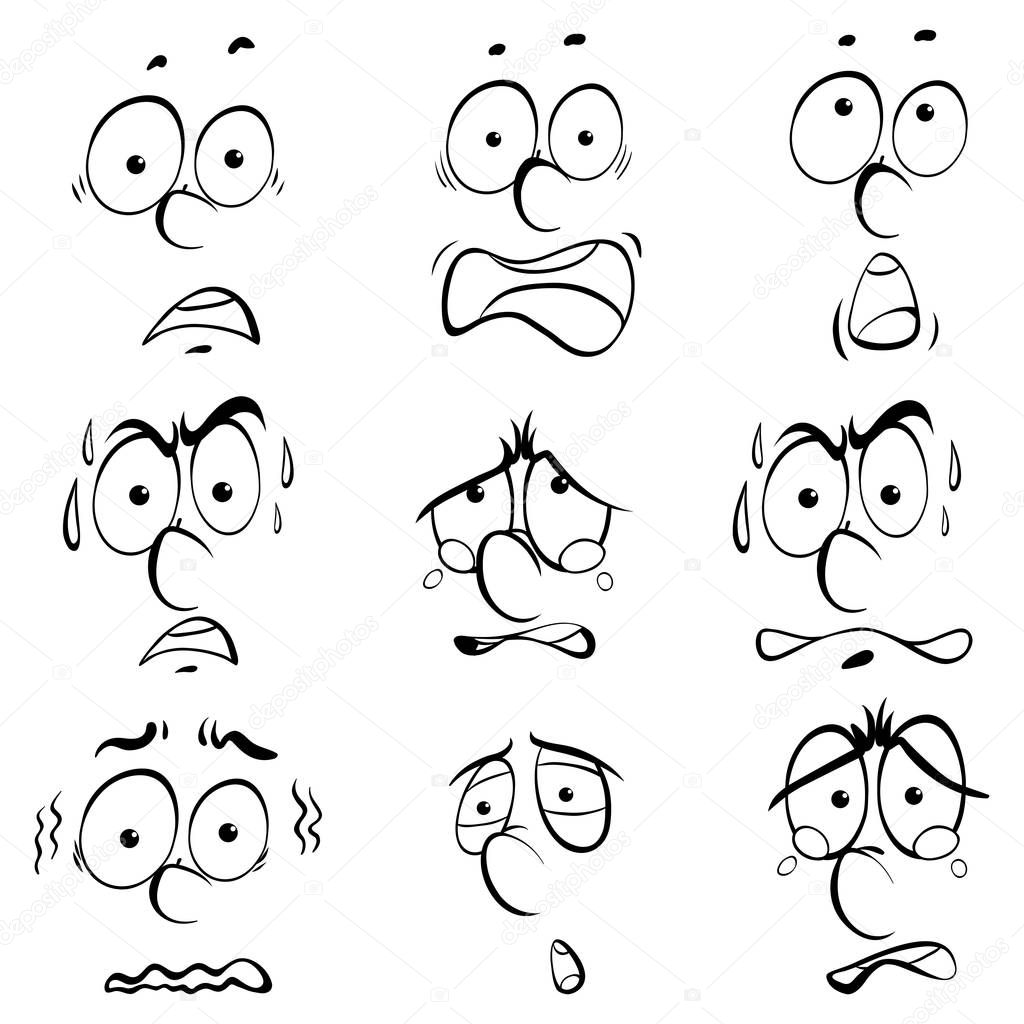 Different facial expressions on white background