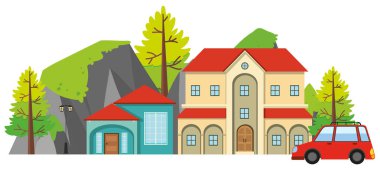 Büyük ev önünde kırmızı araba ile