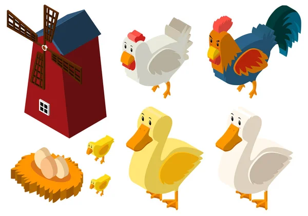 Conception 3D pour moulin à vent et poulets — Image vectorielle