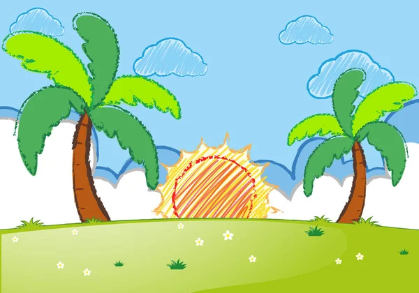 Západ slunce scéna s kokosovými palmami a pole — Stockový vektor