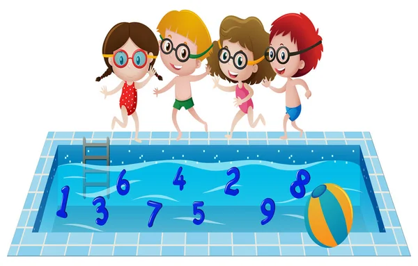Niños en traje de baño jugando con números en la piscina — Archivo Imágenes Vectoriales