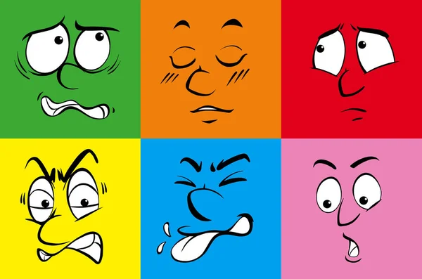 Шесть человеческих эмоций на красочном фоне — стоковый вектор