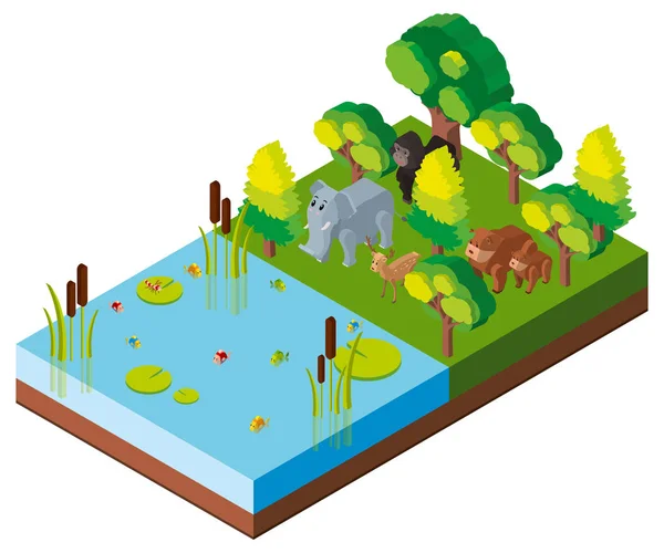Design 3D para cena florestal com animais — Vetor de Stock