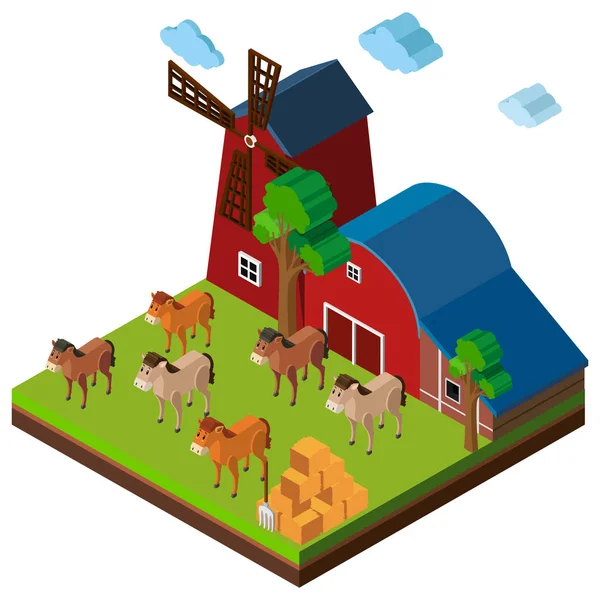 Conception 3D pour scène de ferme avec chevaux et grange — Image vectorielle