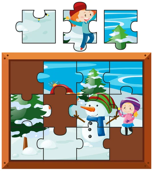 Puzzle avec enfants jouant de la neige — Image vectorielle