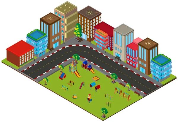 3D design för stad scen med byggnader och lekplats — Stock vektor