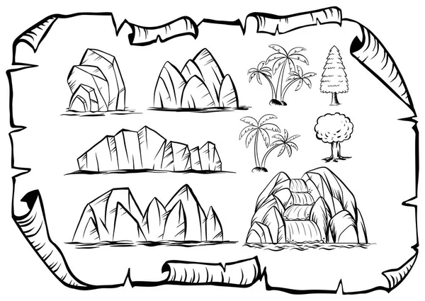 Doodle montañas y árboles sobre papel — Archivo Imágenes Vectoriales