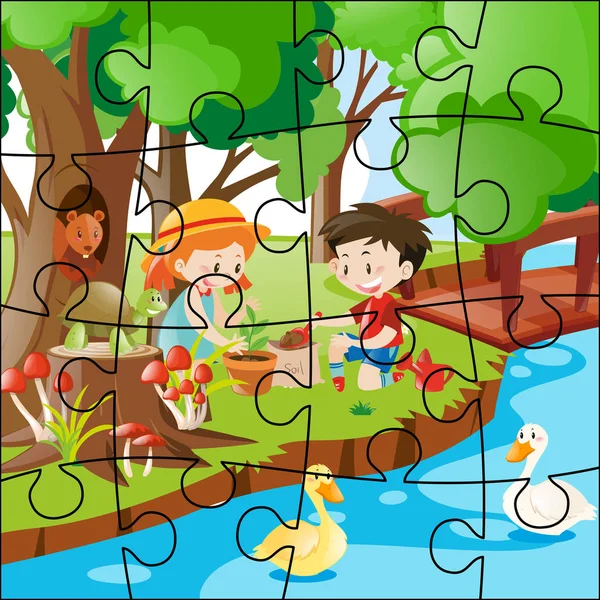 Puzzle avec des enfants plantation d'arbres — Image vectorielle