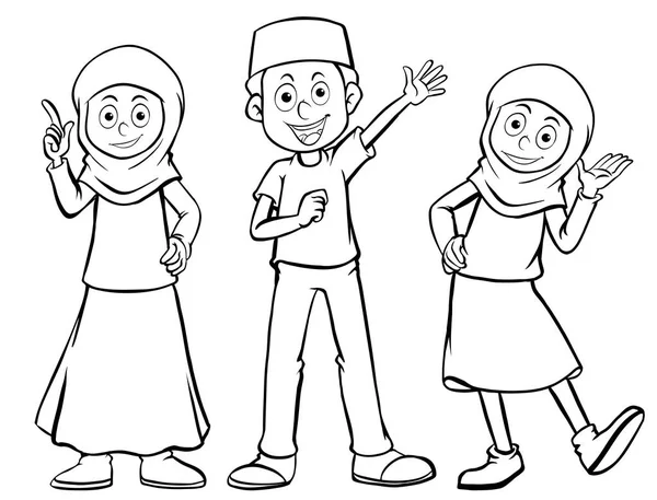 Mutlu yüz ile üç Müslüman karakter — Stok Vektör