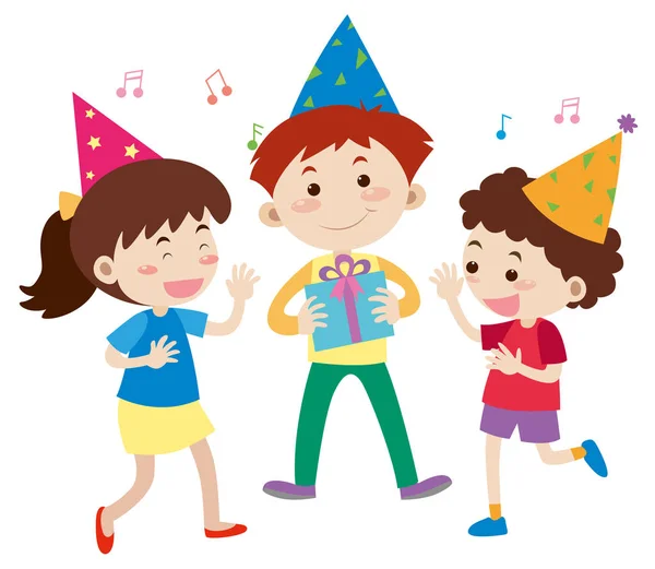 Trzy szczęśliwe dzieci na urodziny — Wektor stockowy