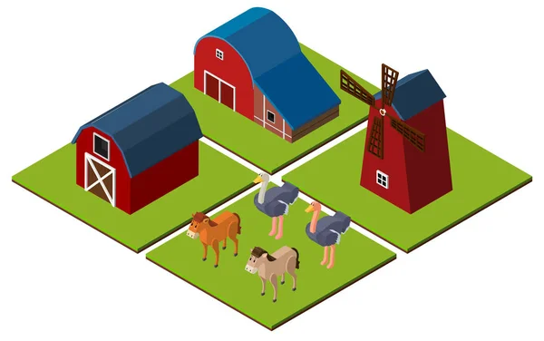 Conception 3D pour la scène agricole avec des granges et des animaux — Image vectorielle