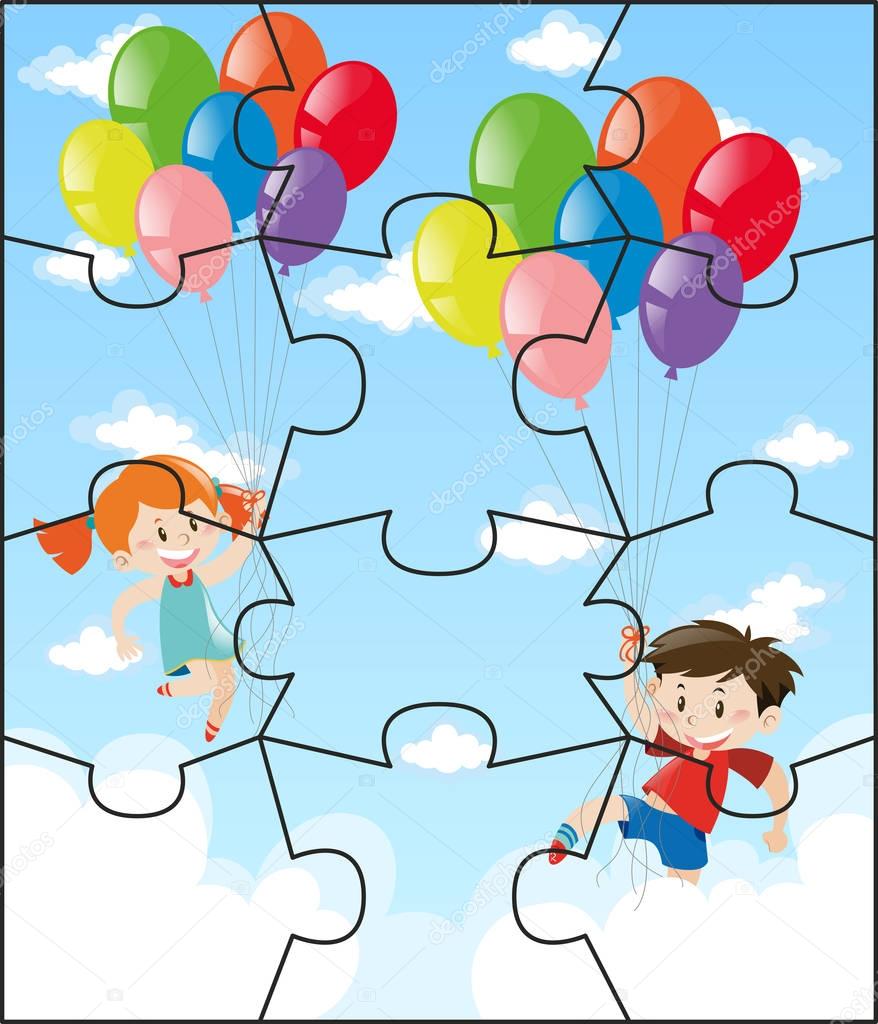 Jigsaw pieces with children flying balloons