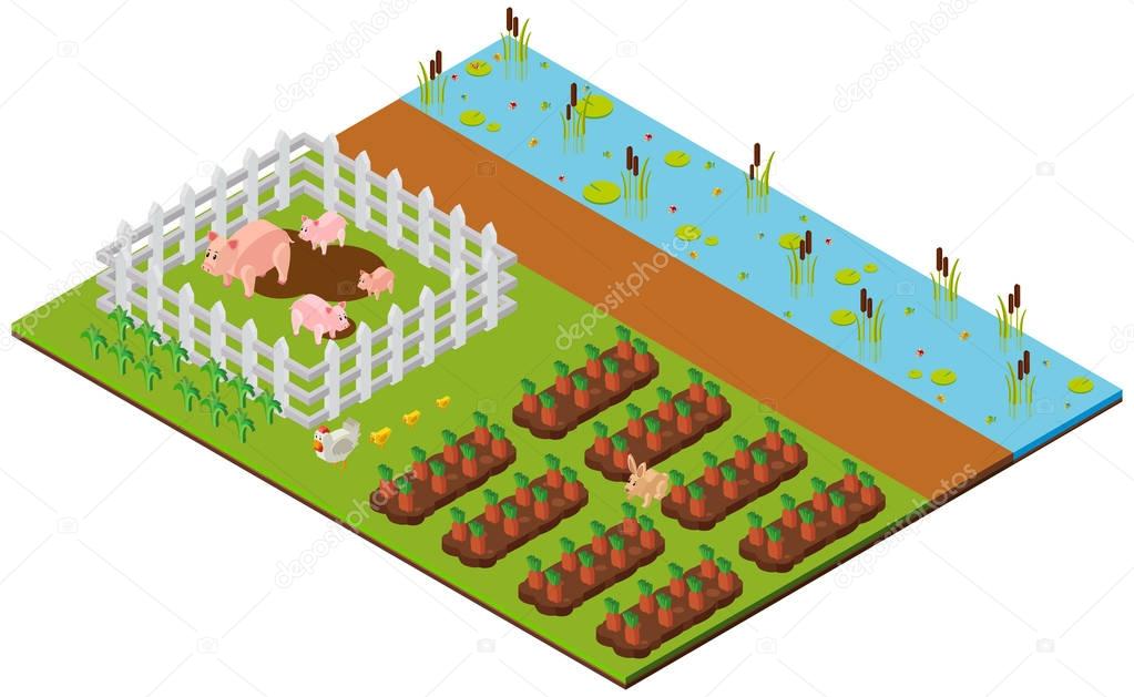 3D design for farm scene with pig and crops